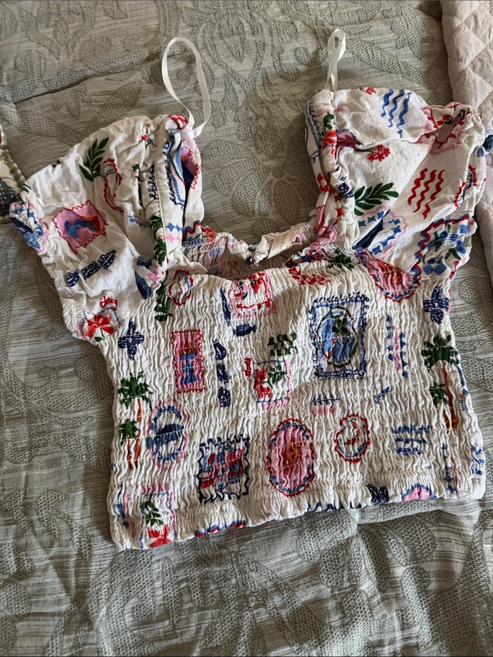 Smocked White Floral Print Crop Top